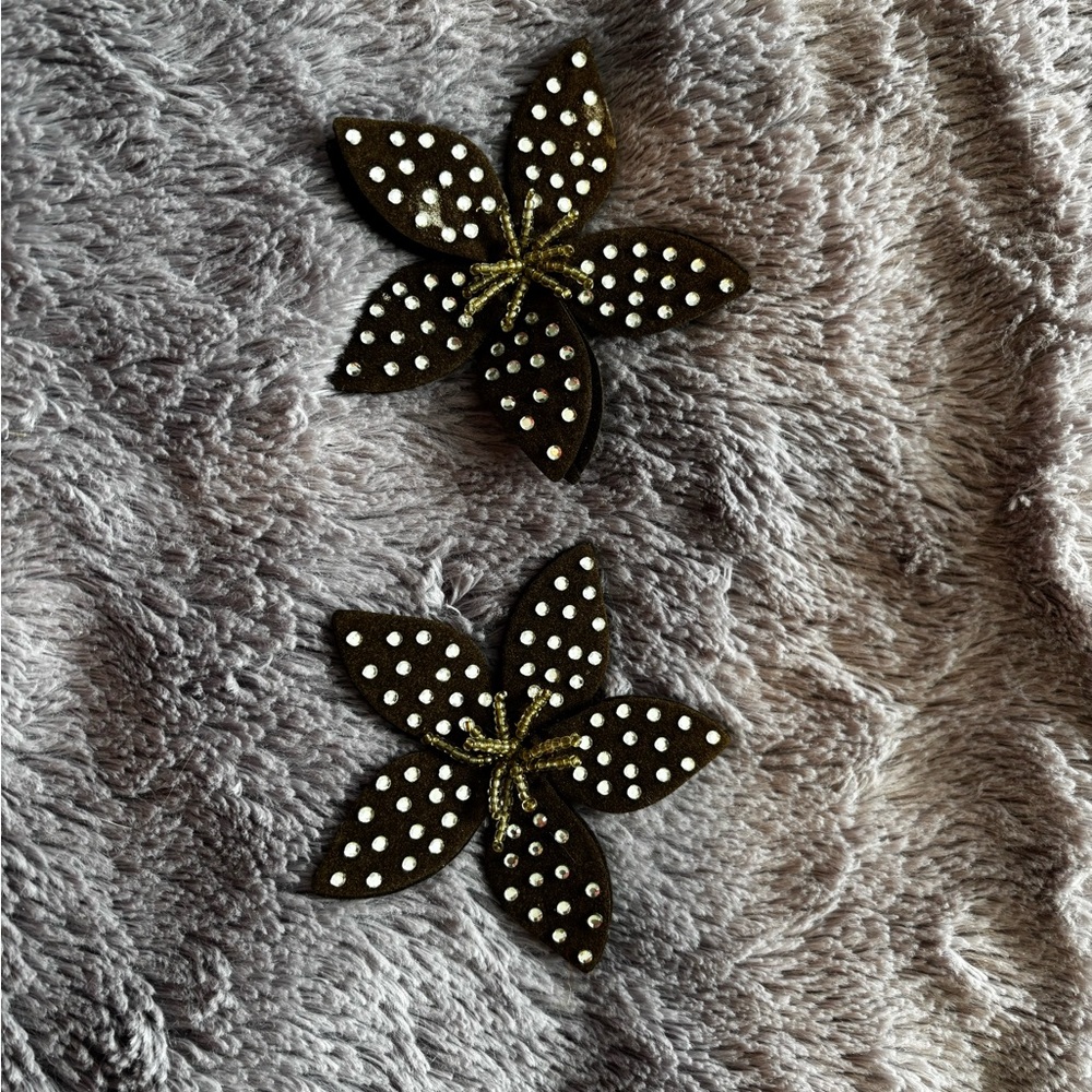 Brown Felt Floral Earrings with White Dots.